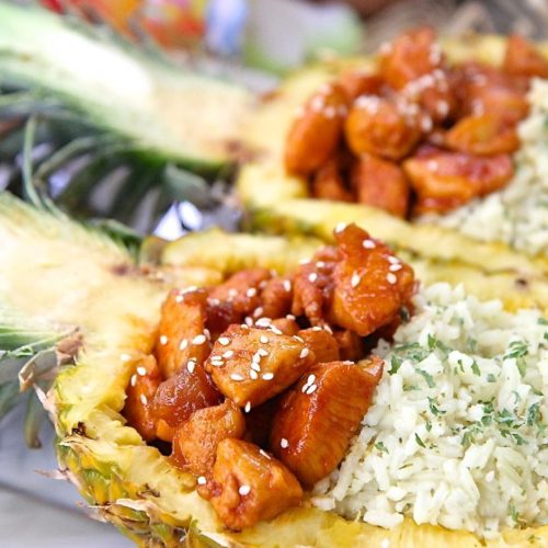 Honey Sriracha Chicken & Rice Pineapple Bowls Divas Can Cook
