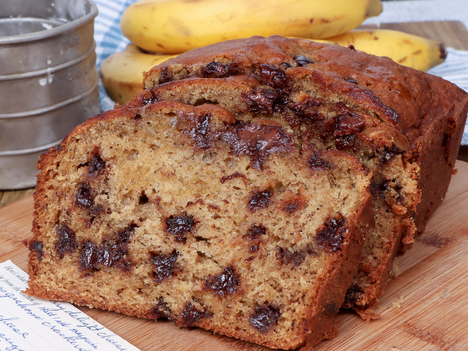Close up slice of moist chocolate chip banana bread