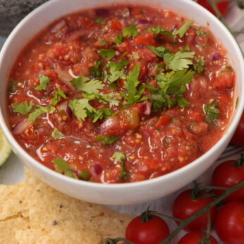 close up of fresh homemade salsa in bowl