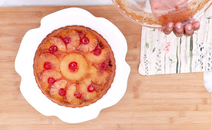 Pineapple upside-down cake completely removed from pan