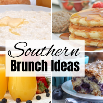 southern brunch ideas with grits, pancakes, coffee cake and mimosa