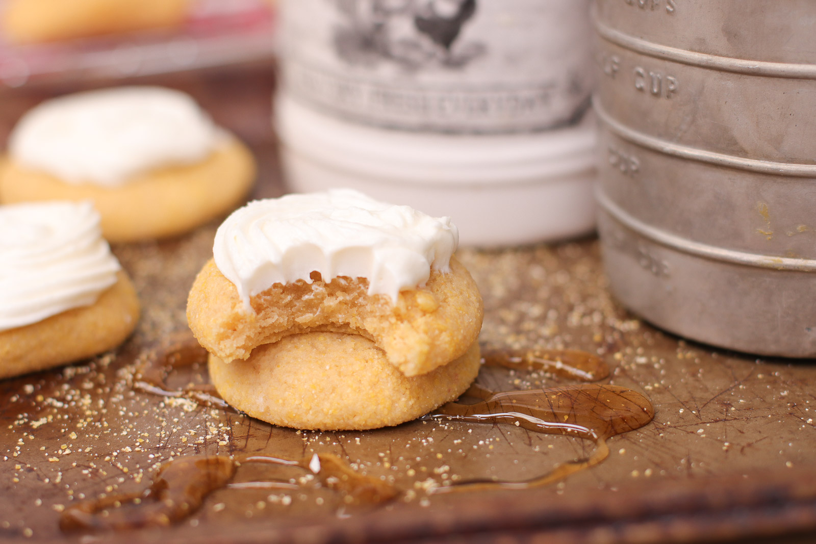cornbread cookies with honey drizzle.