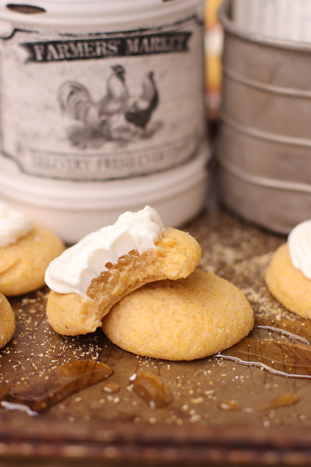 crumbl cornbread cookies recipe with whipped honey buttercream frosting